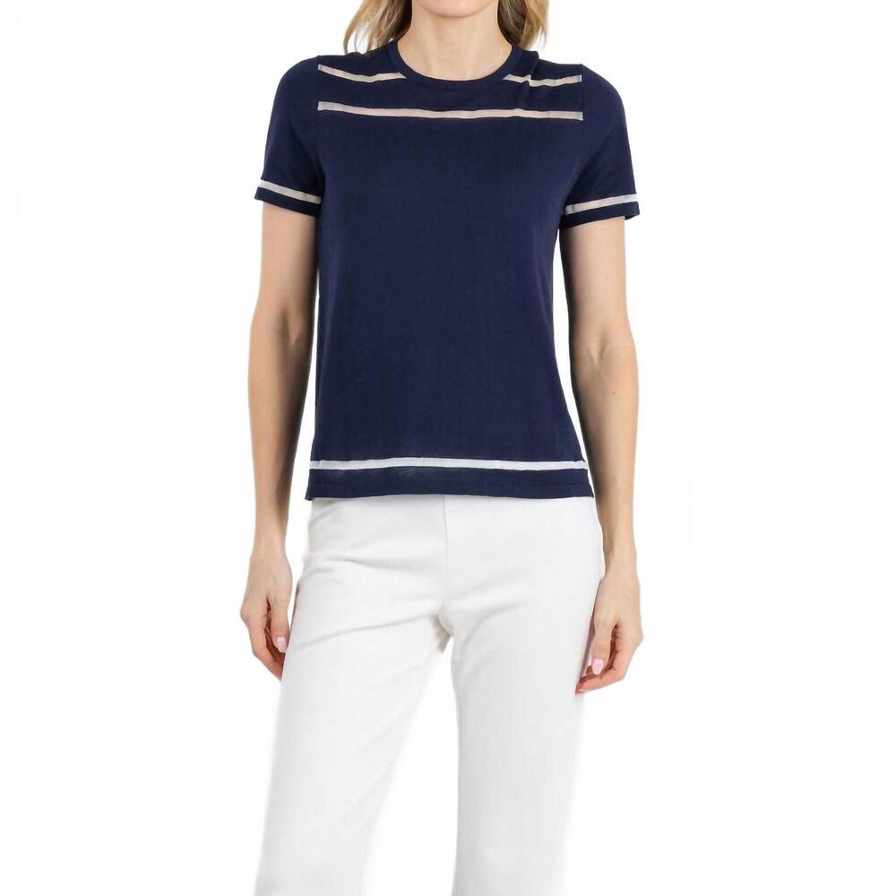 NEW PEACE OF CLOTH sheer stripe short sleeve crew top in navy